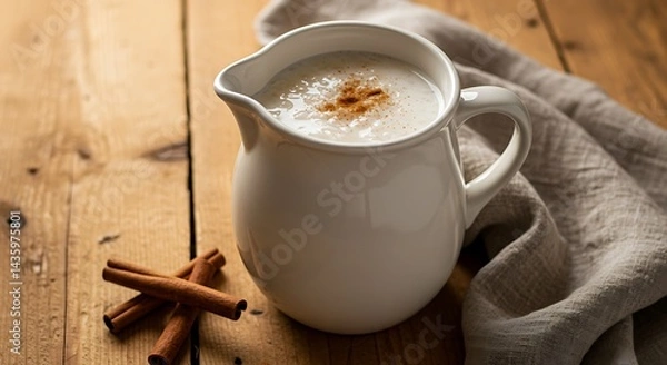 Obraz Creamy Horchata in Pitcher with Cinnamon on Wood