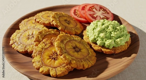 Obraz Plantain Rounds with Guacamole and Tomato Slices on Wooden Plate