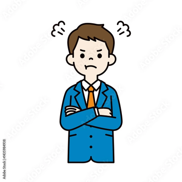 Obraz 腕を組んで怒る、スーツを着た若い男性のベクターイラスト素材＿線幅の編集可能＿カラー