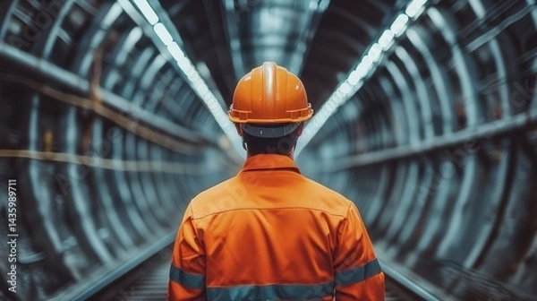 Fototapeta Engineer in orange uniform and helmet stands in underground railway tunnel, high-resolution close-up with natural light, sharp focus, and soft shadows.