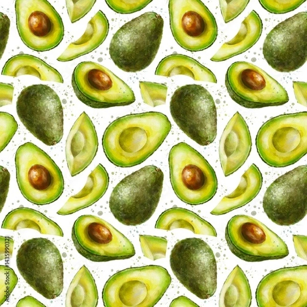 Fototapeta Seamless pattern with watercolor avocado on white background. Digital illustration. Digital paper.