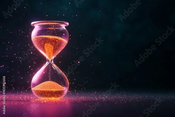 Fototapeta Neon illuminated sand clock suspended in air with futuristic background
