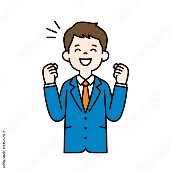 Fototapeta 笑顔で応援する、スーツを着た若い男性のベクターイラスト素材＿線幅の編集可能＿カラー