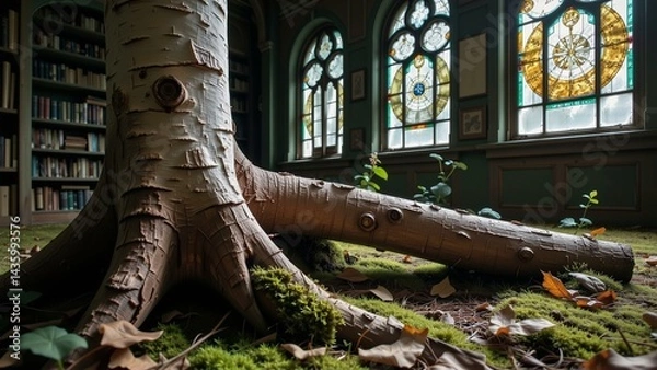 Fototapeta Ancient birch bark with wrinkles lies on moss in a forgotten library bathed in emerald light.