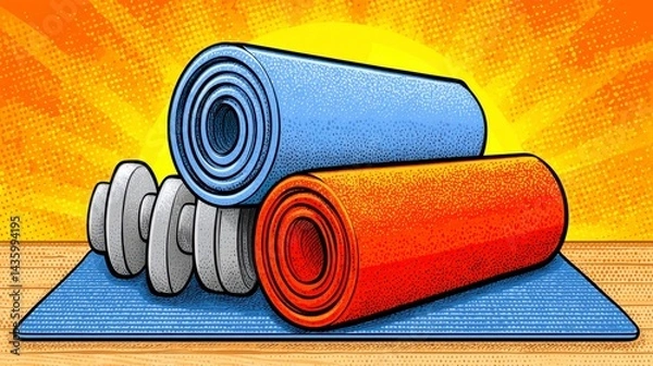 Obraz Pixel Art Fitness Still Life Rolled Exercise Mats and Dumbbells