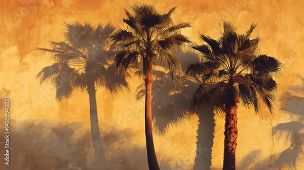 Obraz Warm golden light bathes three palm trees casting long shadows on an aged stucco wall creating a peaceful tropical landscape scene with golden hues at sunset.