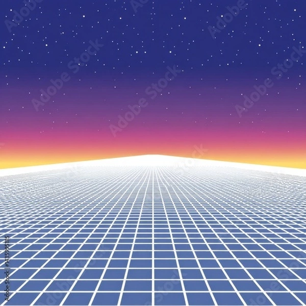 Obraz Pixel Art Retro Sunset Landscape with Gridded Plain
