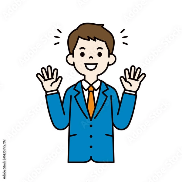 Obraz 両手を広げて喜ぶ、スーツを着た若い男性のベクターイラスト素材＿線幅の編集可能＿カラー