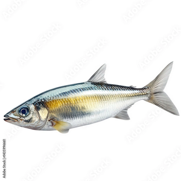 Fototapeta a fish with a sleek. elongated body. featuring a shiny. silver-blue coloration and a prominent dorsal fin it is positioned on a white background. highlighting its features to represent marine life. po