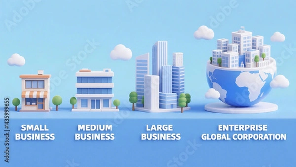 Fototapeta Illustration of company sizes from small business to global corporation with building icons.
