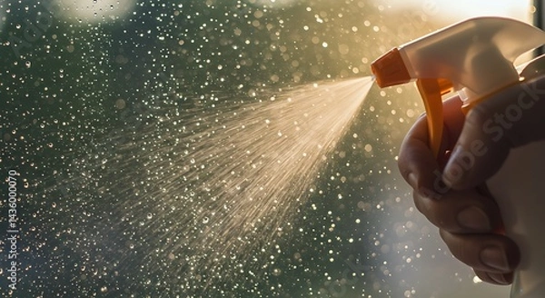 Obraz Spray Bottle Cleaning Action: Close-Up of Spritzing Mist