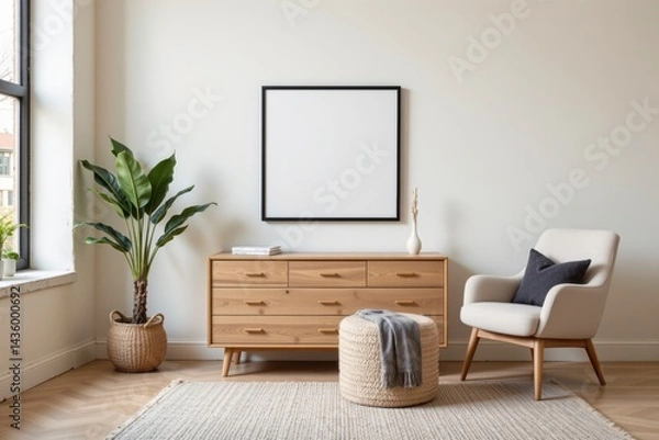 Fototapeta Modern and Minimalist Living Room with Natural Decorations and Cozy Furniture Elements