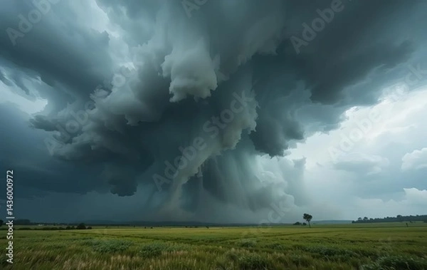 Fototapeta A tornado in a stormy landscape with dark clouds and lightning