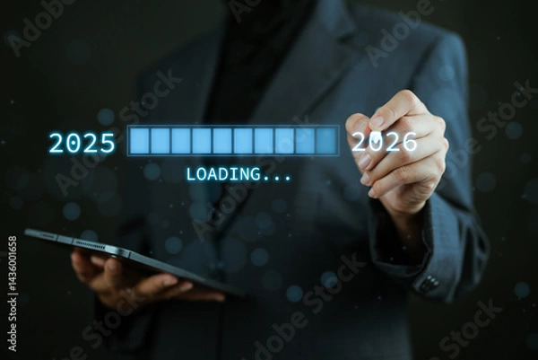 Fototapeta Progress and transition from 2025 to 2026 concept. woman pointing to loading bar transitioning from 2025 to 2026, progress, future planning, and new year goals. planning and business growth.