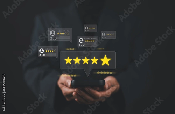 Fototapeta Customer review satisfaction feedback survey concept. User give rating to service excellent experience on mobile phone application, Client evaluate quality of service reputation ranking of business.