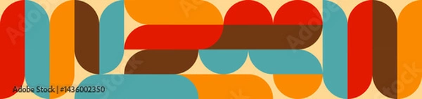 Fototapeta Seamless colorful geometric background in retro style of 60s and 70s, circles and squares in blue and orange. Abstract texture in trendy design.