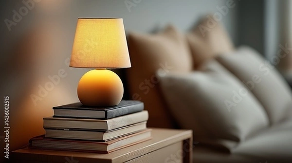 Obraz Cozy night scene with hardcover books stacked on nightstand under warm reading lamp, neutral earthy tones, perfect for hygge concepts and relaxation visuals