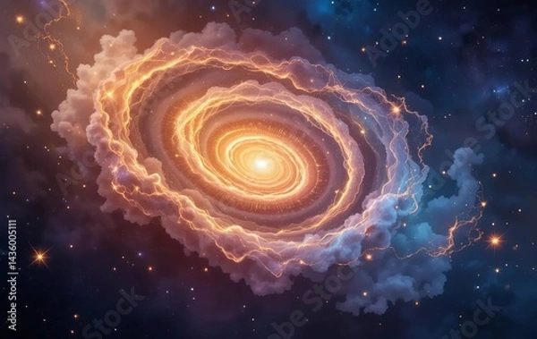 Fototapeta An abstract illustration of a galaxy with colorful nebula and gold spiral lights