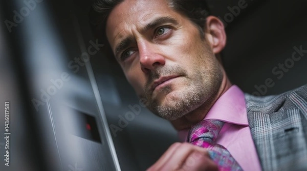 Obraz Confident Caucasian manager adjusting stylish tie while looking at elevator reflection, business concept with dark tones and dramatic lighting