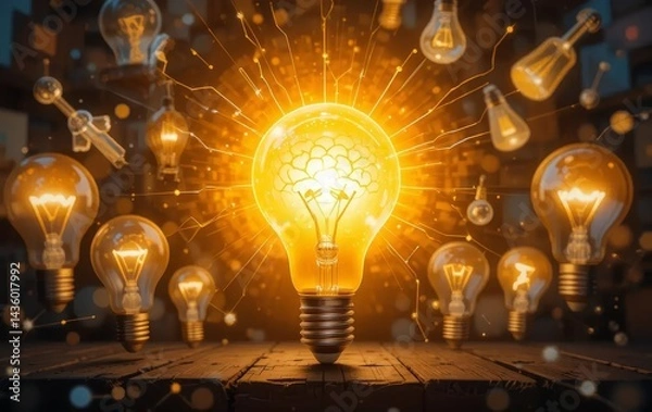 Fototapeta A person's hand holding a light bulb with a brain inside