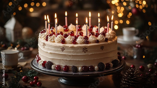 Fototapeta Graceful Birthday Cake with Burning Candles and Silky Icing, Overhead View Capturing Warm Ambient Light, f/5.6 with Festive Blurred Background