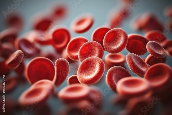 Fototapeta Red blood cells floating in a microscopic view highlighting their structure and movement in the bloodstream