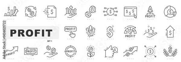 Obraz Set of profit related line icons. Income, earning, money, savings etc. Editable stroke
