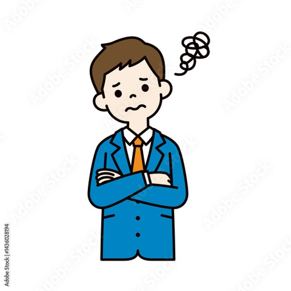 Obraz 腕を組んで困惑する、スーツを着た若い男性のベクターイラスト素材＿線幅の編集可能＿カラー