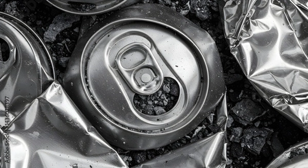Fototapeta Crushed Aluminum Cans with Debris Showing Recycling Concerns Concept