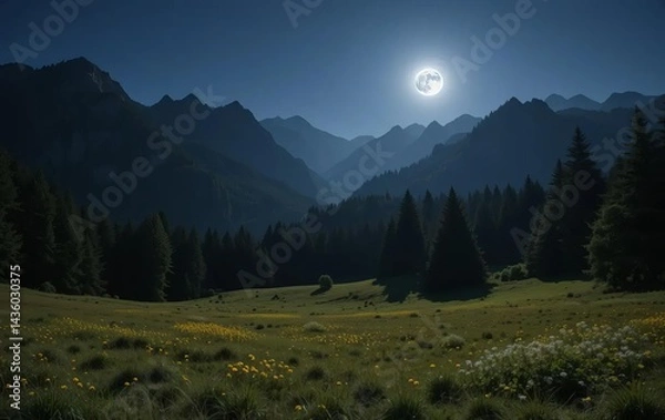 Fototapeta A full moon illuminating a grassy meadow and forest in the Carpathian countryside at night