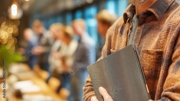 Obraz Standing employee holding folder near meeting room in blurred office background