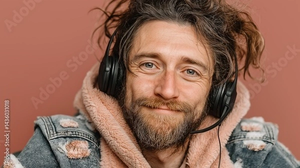Obraz Young adult male smiling with headset during video call, soft pink background