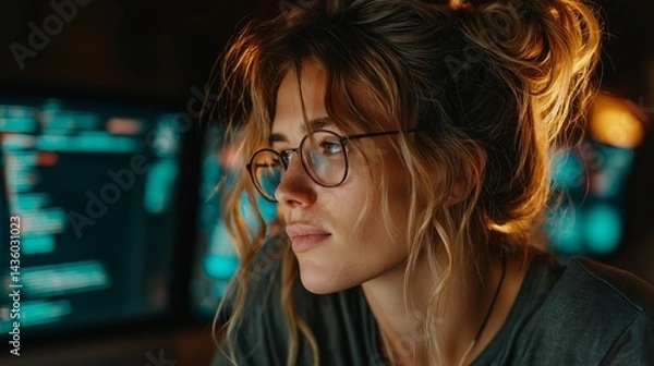 Obraz Young female developer with glasses coding at night, dark background and glowing screens