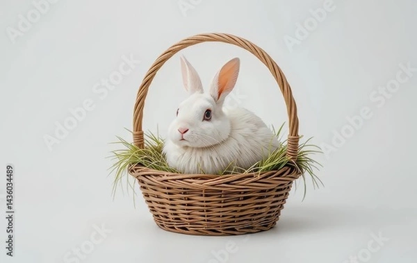 Fototapeta A cute white bunny sitting in a wicker basket against a white background