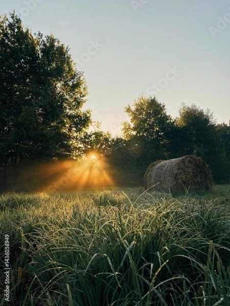 Obraz Sunlight Through Trees and Hay Bale in Field