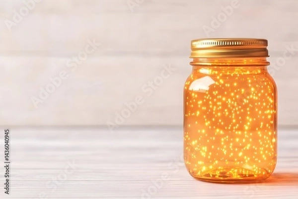 Fototapeta Glass jar filled with warm, glowing lights sits on a light wood surface