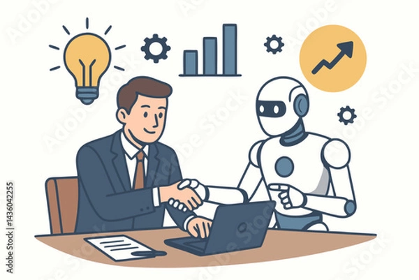 Fototapeta Future of Business Collaboration: Human businessman shaking hands with AI robot partner, desk scene with laptop, idea lightbulb, charts, and gears symbolizing technological synergy.