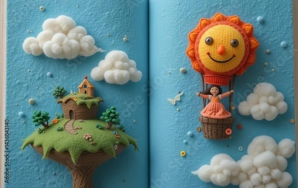 Fototapeta A 3D book with a little girl flying in a hot air balloon over a cloud island, with a smiling sun in the background