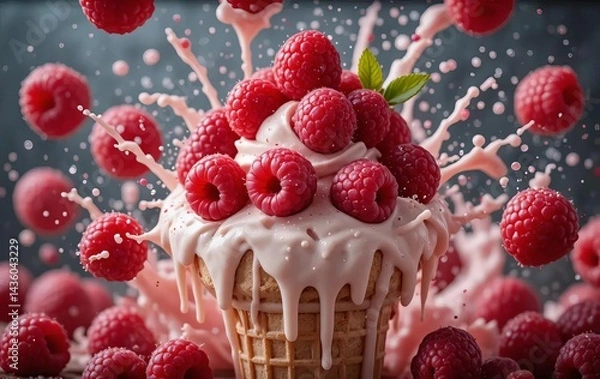 Fototapeta A close-up photo of a vanilla ice cream cone with raspberries on top, surrounded by floating raspberries and melting ice cream