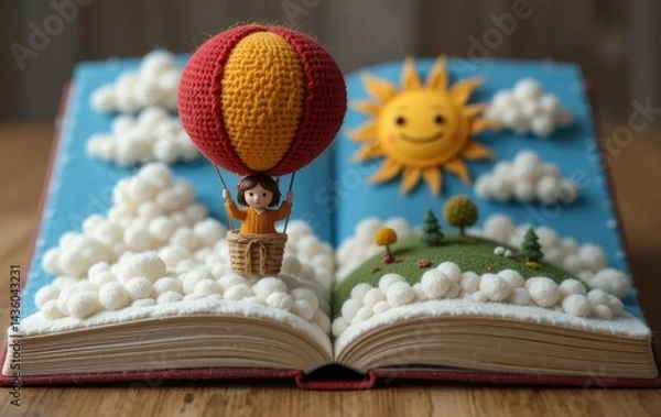 Fototapeta A 3D book with a little girl flying in a hot air balloon over a cloud island, with a smiling sun in the background