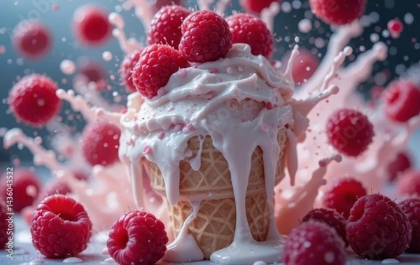 Fototapeta A close-up photo of a vanilla ice cream cone with raspberries on top, surrounded by floating raspberries and melting ice cream