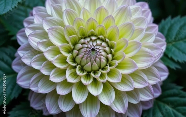Fototapeta A close-up of a vibrant lime-green dahlia flower surrounded by dark-green leaves
