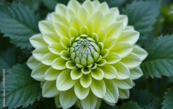 Fototapeta A close-up of a vibrant lime-green dahlia flower surrounded by dark-green leaves