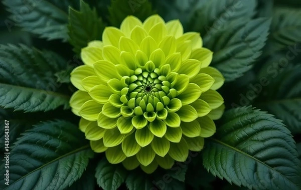Fototapeta A close-up of a vibrant lime-green dahlia flower surrounded by dark-green leaves