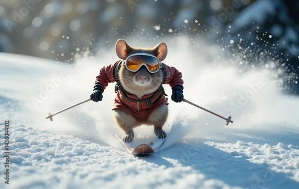 Fototapeta An illustration of a mouse skiing down a snowy hill with ski poles and goggles