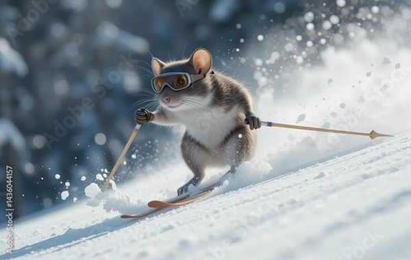 Fototapeta An illustration of a mouse skiing down a snowy hill with ski poles and goggles