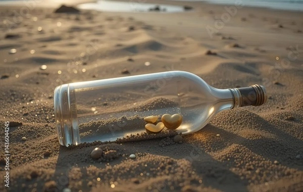 Fototapeta A bottle half-buried in the sand on a beach, with two small golden hearts inside and a beautiful sunset in the background.