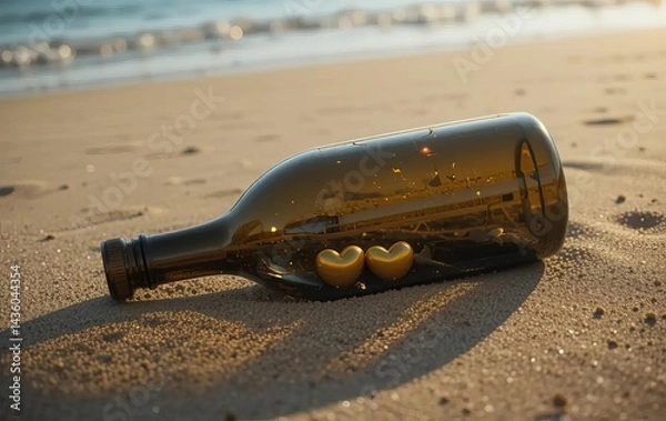 Fototapeta A bottle half-buried in the sand on a beach, with two small golden hearts inside and a beautiful sunset in the background.