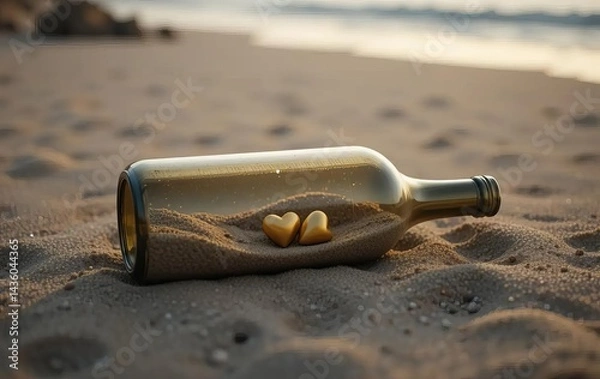 Fototapeta A bottle half-buried in the sand on a beach, with two small golden hearts inside and a beautiful sunset in the background.