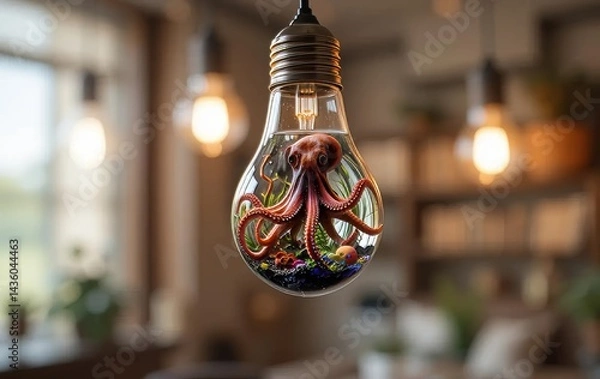 Fototapeta A hanging lightbulb with an octopus inside, surrounded by aquarium decorations.